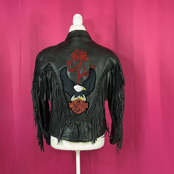 Unik Leather Apparel lined fringed Leather moto jacket Harley Davidson patch, L - Picture 1 of 15